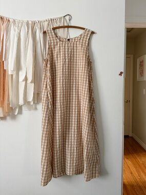 Beige Gingham Sleeveless A-Line Dress
